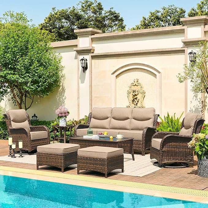 HILLGA Luxury Patio Furniture Set with 6-inch Thick Cushion, Outdoor Couch and High Back Swivel Rocker Patio Chairs, 7PCS Wicker Conversation Set for Deck Yard and Poolside, Beige (V2)