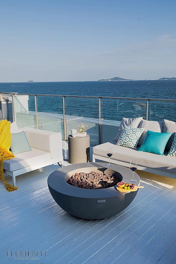 Elementi | Lunar Gas Fire Pit Cast Concrete 42" Round Fire Table, Outdoor Fire Pit Electronic Ignition | Canvas Cover, Lava Rock Included | Light Gray (Propane Gas)