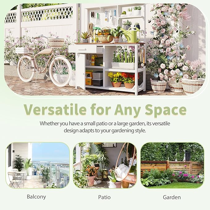 Fir Wood Potting Bench with Hutch - Outdoor Garden Workstation with 4 Shelves, Drawer & Adjustable Storage, 50.2" Countertop, & Pegboard (White + Wood + Rustic)