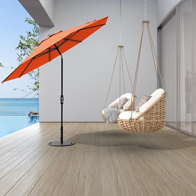 Midtown Umbrellas The Swilt 9 Feet Patio Umbrella in Terylast Tangerine (Bright Orange) Polyester Fabric - Fiberglass Ribs, Auto-Tilt Aluminum Frame For Backyard, Deck, Garden, Pool - White Pole