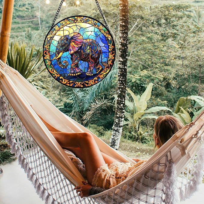 Stained Glass Window Hanging - Blue Elephant Suncatcher for Door Terrace Garden Home Decor, Yellow Retro Sun Catcher Birthday Gifts for Lovers Women Men Dad Mom Nana 9.8 in