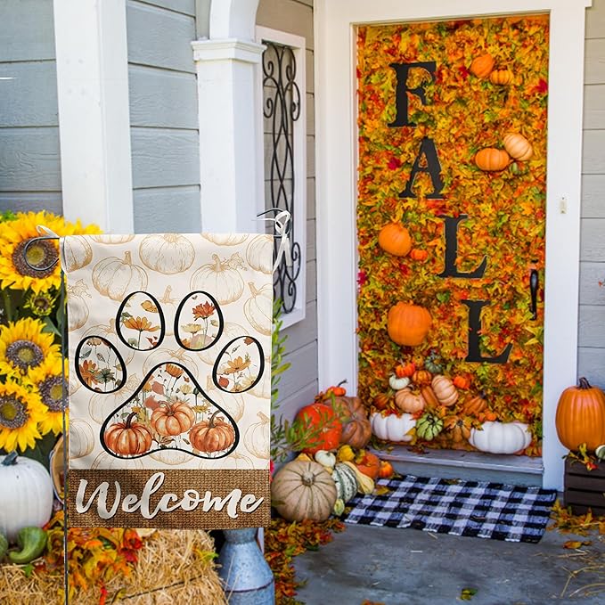 Welcome Fall Pumpkin Garden Flag Paw Print of Dog Autumn Wild Flower Yard Banner Outside Halloween Thanksgiving Outdoor Decor 12x18 Double Sided Small