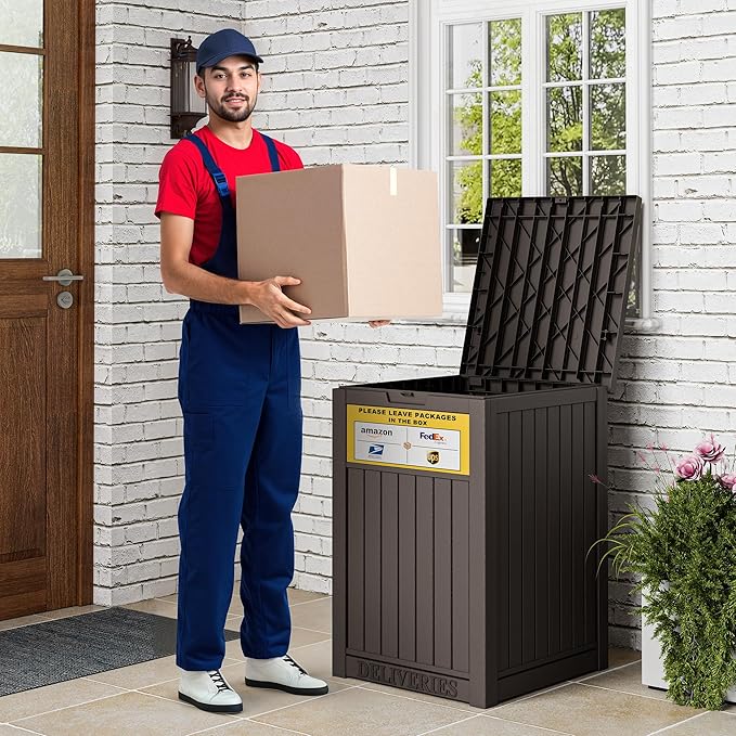 49 Gallon Package Delivery Boxes for Outside, Outside Storage Box Waterproof with Sign, Lockable Storage Box, Large Double-Walled Resin Weatherproof Deck Box for Porch and Patio, Brown
