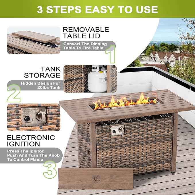 Nuu Garden 43 Inch Propane Fire Pit Table CSA Listed 50000 BTU Gas Fire Pit with Lid Glass Wind Guard Fire Glass Beads 2 in 1 Rectangular Outdoor Fire Table for Backyard Patio Brown