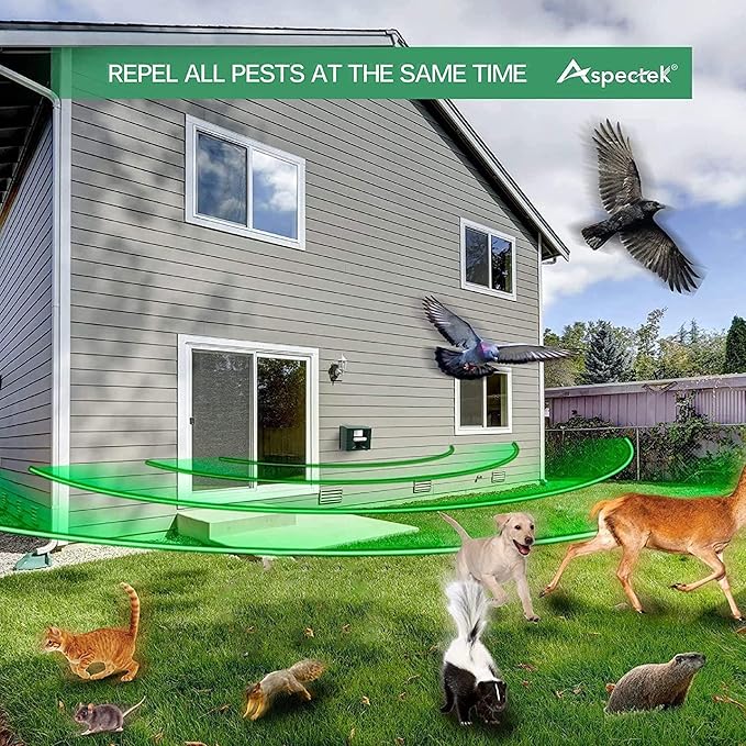 ASPECTEK Ultrasonic Outdoor Animal Pest Repellent, Yard Sentinel RC Pest Repeller Pest Control includes Motion Detector, 4 Key Remote - Rodents, Cats, Rats, Mouse, Mice, Deer, Frequency: 15-18 kHz