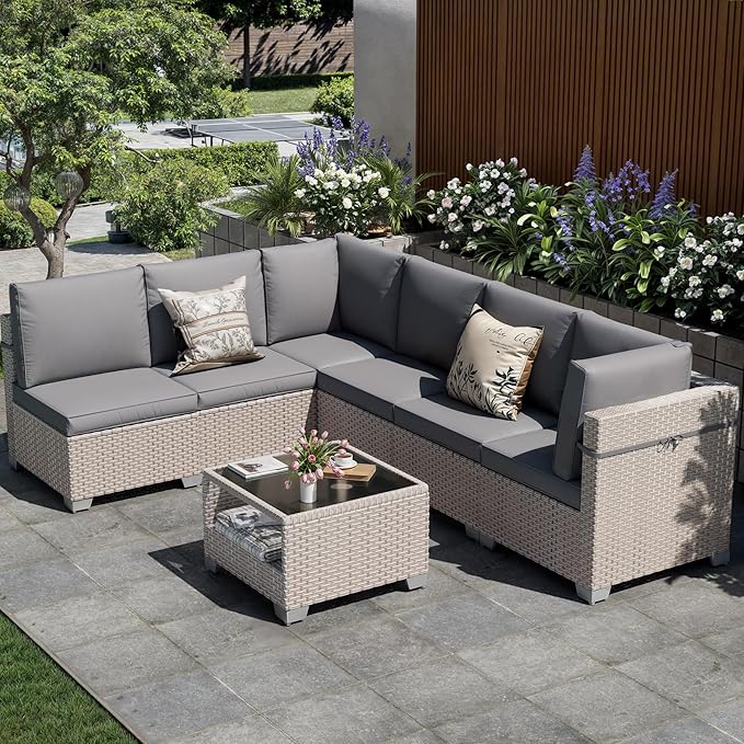 7 Pieces Patio Furniture Set, Outdoor Sectional Wicker Sofa with Thick Cushions and Storage Coffee Table, Rattan Patio Conversation Sets for Deck Yard Poolside, Grey