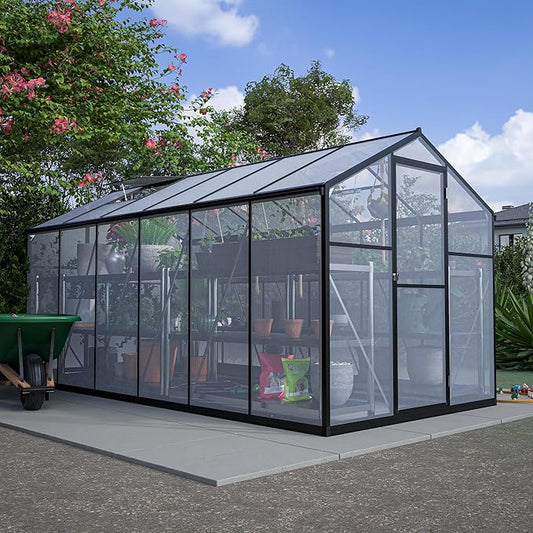 6x12 FT Greenhouses for Outdoors,Heavy Duty Polycarbonate Greenhouse,Lockable Walk-in Green House Sunroom w/ Roof Vent,Aluminum Hot House for Garden Plants Backyard Patio,Black