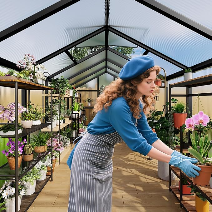 8x10 FT Greenhouse for Outdoors, Polycarbonate Flower Greenhouse with Roof Vent, Push-Pull Lockable Door, Aluminum Walk-in Greenhouses for Outside Garden Backyard, Patio, Lawn, Black