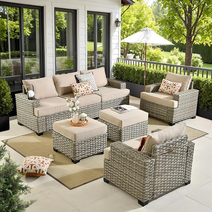 HOOOWOOO Outdoor Sectional Patio Furniture Set,7 Pieces Wicker Conversation Sets,Extra Deep Out Door Sofa Outside Furniture Couch with Ottoman,Beige