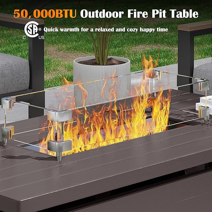 Sundale 50 Inch Outdoor Fire Pit Table, 50,000BTU Rectangle Propane Fire Pit with Glass Wind Guard, Rain Cover, Removable Lid, CSA Certified, Brown