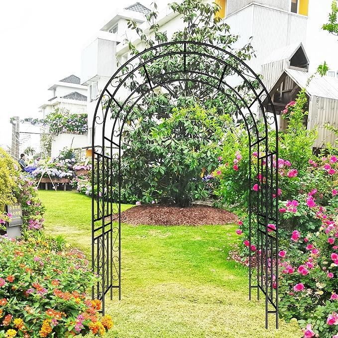Metal Garden Arch 90" H Garden Arbor Trellis Climbing Plants Support Pattern Arch Outdoor Lawn Wedding Party Events Archway Black