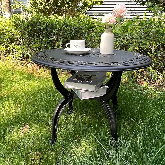 Cast Aluminum Side Table for Outdoor Patio, Garden, Balcony - All Weather Coffee Table (Black, Round 24"), WIL001