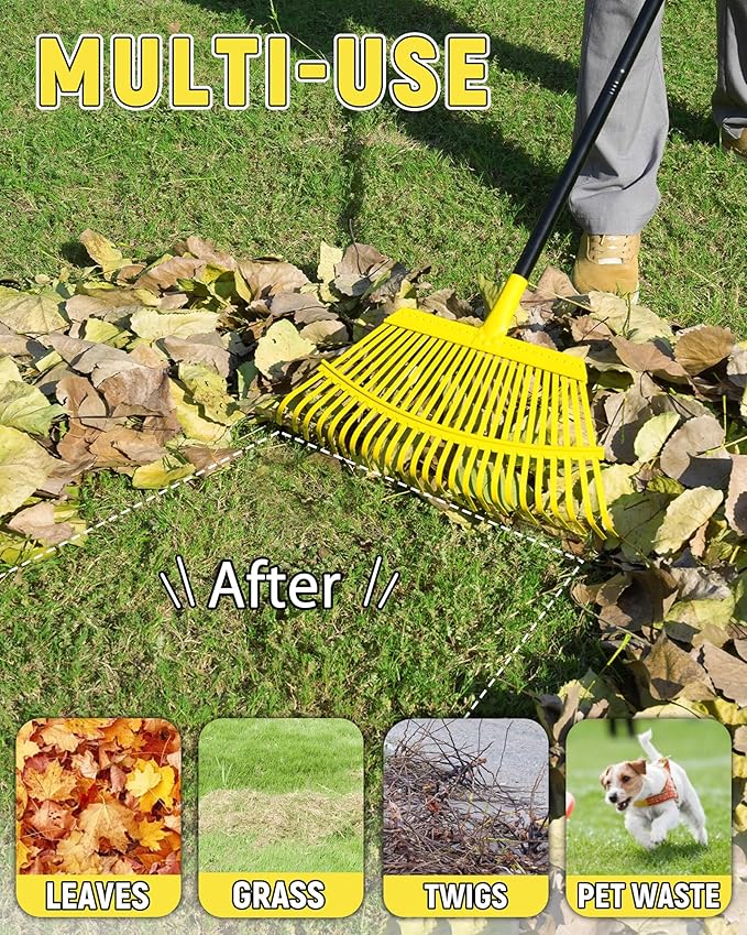 Garden Leaf Rake, 18” Wide Metal Rake with 25 Teeth, 62" Adjustable Long Handle, Heavy Duty Lawn Yard Tool for Leaves, Grass, Shrubs, Debris, Pine Needles, Garden Cleanup Tools for Backyard