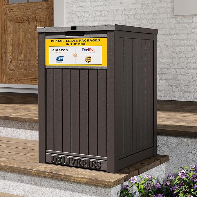49 Gallon Package Delivery Boxes for Outside, Outside Storage Box Waterproof with Sign, Lockable Storage Box, Large Double-Walled Resin Weatherproof Deck Box for Porch and Patio, Brown