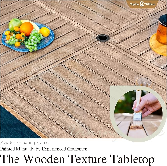 Sophia & William 9 Pieces Patio Dining Set for 8, All Weather Square Metal Patio Table and Wicker Chairs Set, Large Outdoor Dining Set for Outside, Teak Color Tabletop