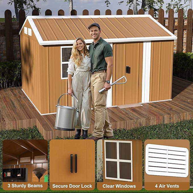 Outdoor Tool Shed 8x12 FT Heavy-Duty Metal Storage Shed with Lockable Door, Windows & Ventilation - Weather-Resistant Roof Garden Shed for Backyard, Patio, Lawn (Brown)