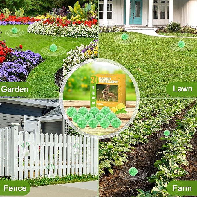 Deer Rabbit Repellent Outdoor 24 Pack - Natural Peppermint Oil Deer Repellent Balls, Bunny Deer Deterrent for Garden Lawn Yard, Powerful Rabbit Repellant Keep from Eating Plants Flowers, Pet Safe