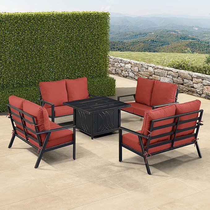 Oakland Living Black Aluminum Patio Fire Table Set with Four Deep Seating Loveseats with Cushions with Red Cushions