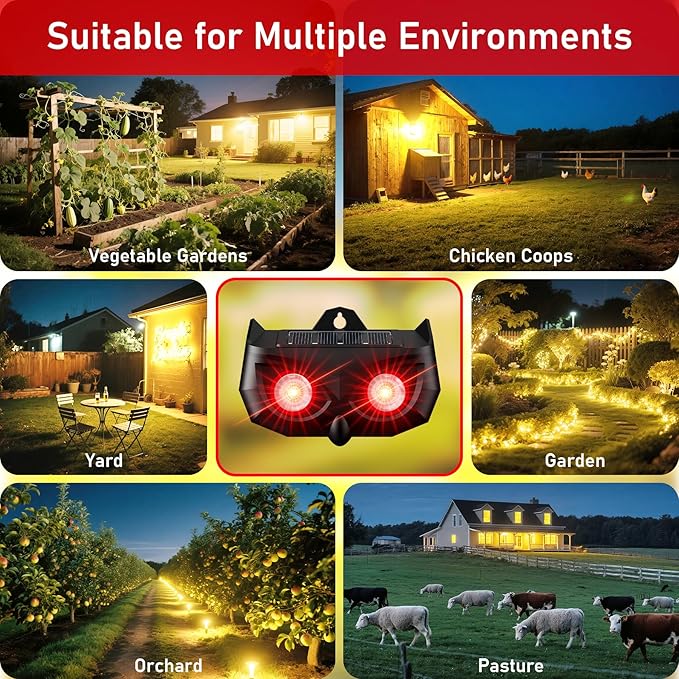 2025 Solar Nocturnal Animal Repeller,4 Pack Racoon Repellent Outdoor,Waterproof Deer Repellent Device,Wall-Mounted Red Flashing Light, Skunk Fox Coyote Deterrent for Chicken Coop Garden Yard
