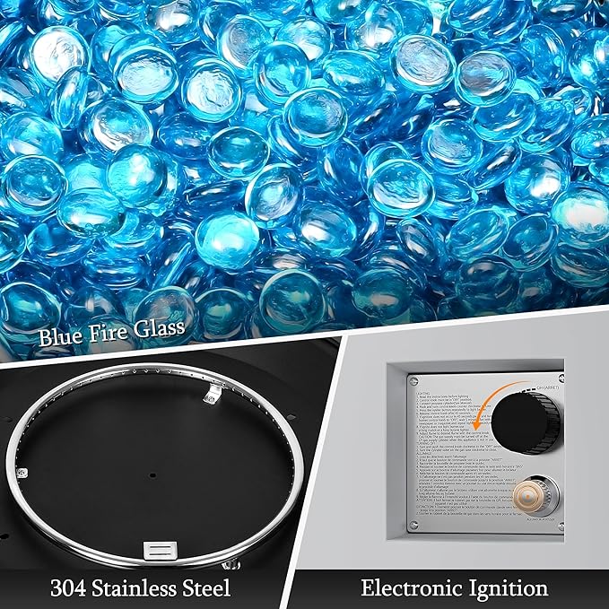 UPHA 42-inch Outdoor Propane Gas Fire Pit Table 50000 BTU Iron Round Firepit for Outside Patio with Tank Hidden Table, Removable Lid, Blue Glass Rocks, Rain Cover, White