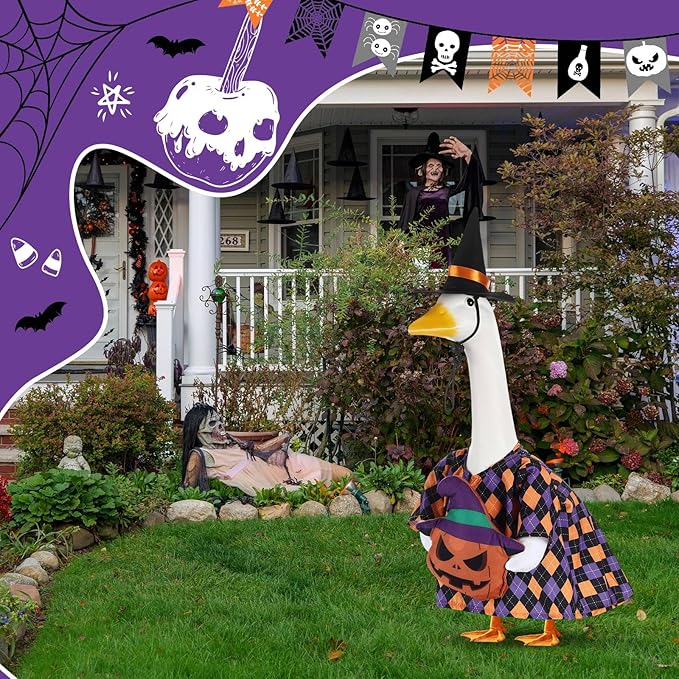 Sanwuta 1 Set Halloween Porch Goose Outfit Pumpkin Pillow Design with Witch Hat for 23" Lawn Cement Goose Porch Geese Clothes Costume for Halloween Garden Patio Yard Outdoor Decorations