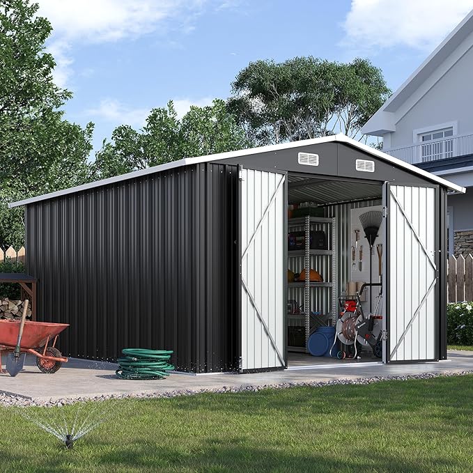 10x12FT Outdoor Storage Shed, Metal Garden Shed with Lockable Double Doors & Sloping Roof, Weather-Resistant Tool Shed for Backyard, Patio, Poolside Black