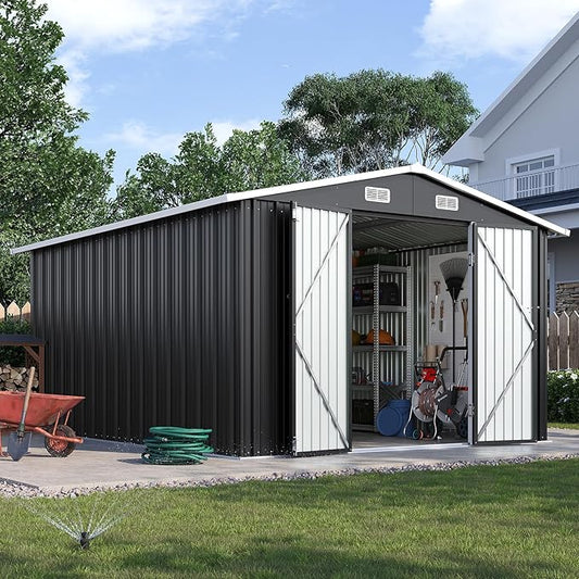 10x12FT Outdoor Storage Shed, Metal Garden Shed with Lockable Double Doors & Sloping Roof, Weather-Resistant Tool Shed for Backyard, Patio, Poolside Black