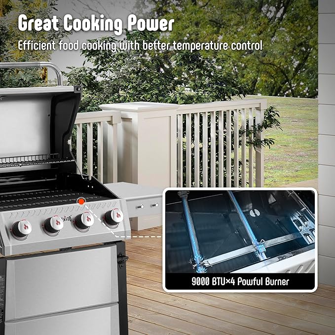 4+1 Burner Gas Grill, All Stainless Steel Outdoor BBQ Grill with Enameled Coated Chamber Body, 48,000 BTU Garden Barbecue Grill with Porcelain-Enameled Cast lron Grates, Grill Cover Included