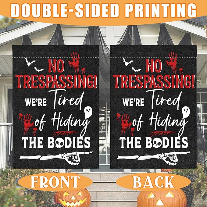 No Trespassing Halloween Garden Flag for Outside, 12x18 Inch Double Sided Halloween Scary Skeleton Bats Yard Flag, Farmhouse Small Yard Flags for Outdoor Decorations, Holiday Decor Gifts-A12