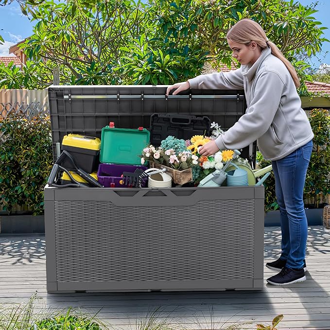 Greesum 100 Gallon Resin Deck Box Large Outdoor Storage Boxes with Cushions for Garden Tools, Patio Furniture Pillows, Pool Supplies, Gray