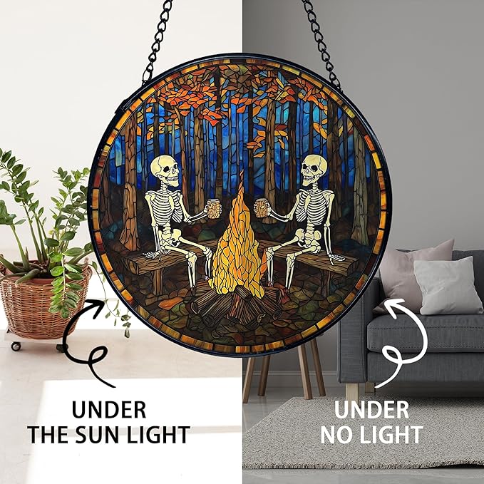 TNUW Halloween Fall Skeleton Stained Glass Window Hanging, Gothic Skeleton Autumn SunCatchers Indoor Window Glass Round Wall Art Decor, Halloween Fall Wall Hanging Decorations, 7.9＂x7.9＂