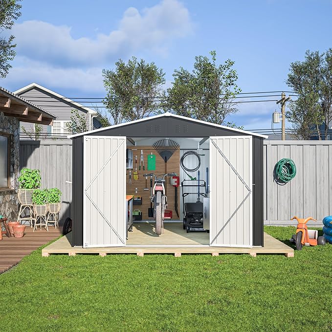 Outdoor Storage Shed, 10x12 FT Galvanized Steel Metal Shed, Lockable Waterproof Tool Storage Sheds for Garden, Patio, Lawn – Durable Storage Solution in Multiple Sizes
