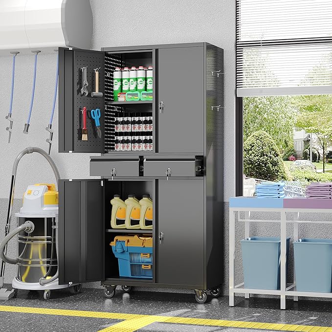 71" H Rolling Tool Storage Cabinet with Pegboard and 2 Drawers,Metal Garage Storage Cabinet with Wheels and Doors for Garage, Warehouse,Home,Required Assembly,Black