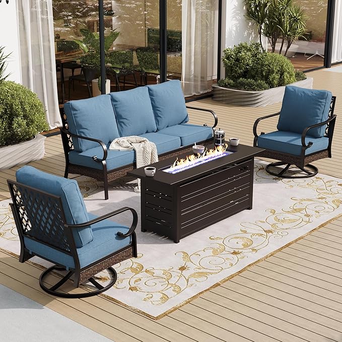 4 Piece Black Metal Outdoor Patio Furniture Sets with Firepit Table, Patio Conversation Sets 1 3-Seater Sofa, 2 Swivel Sofa with 5.75" Thick Cushion Backyard Furniture for Deck, Navy