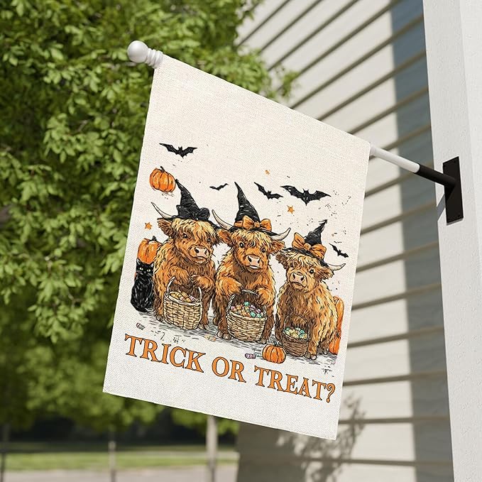 Trick or Treat Halloween Garden Flag for Outside, 12x18 Inch Double Sided Halloween Highland Cow Pumpkin Yard Flag, Farmhouse Small Yard Flags for Outdoor Decorations, Holiday Decor Gifts-A09
