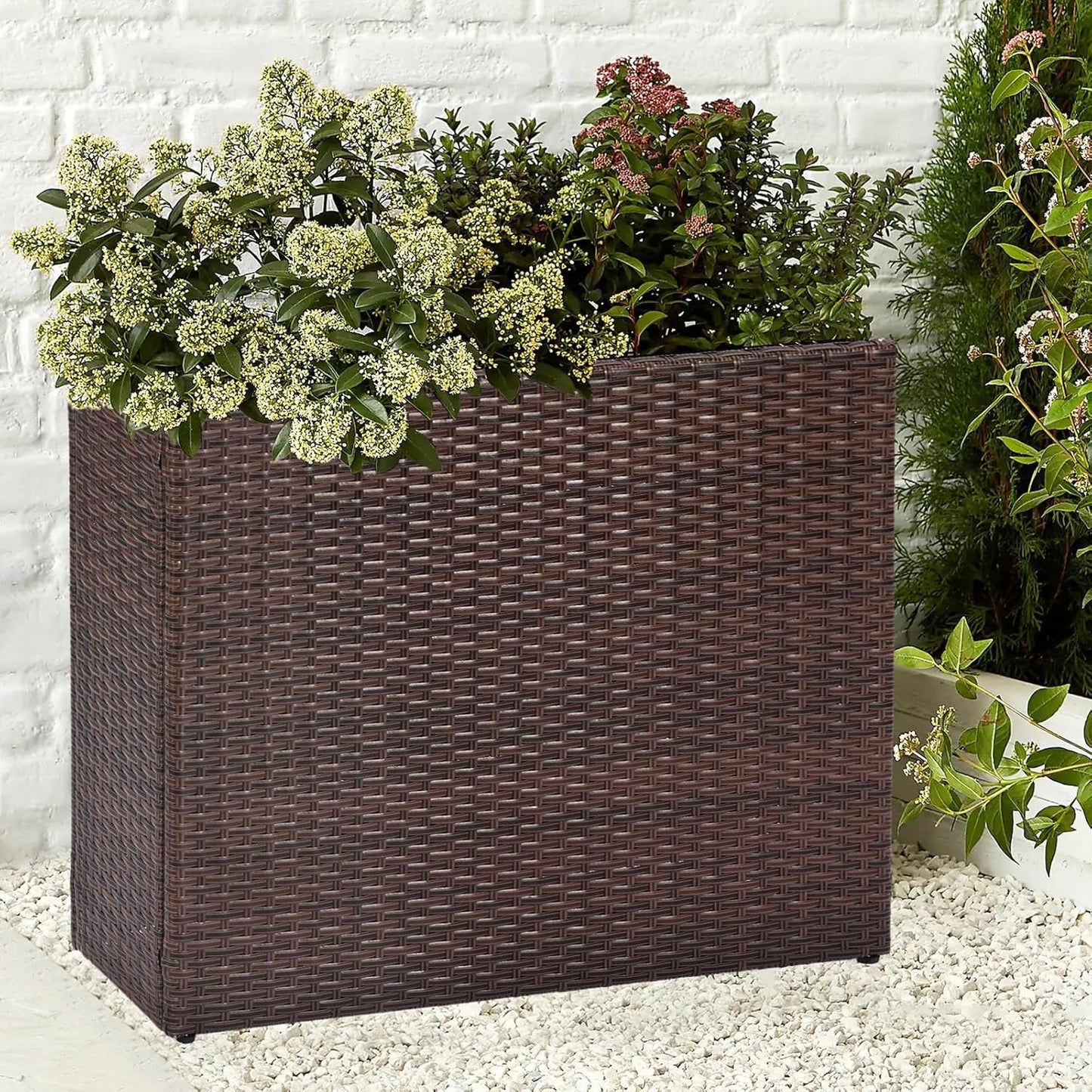 SUNNYPARK Tall Rectangular Planter with Removable Liner, All-Weather PE Rattan Large Modern Planters Indoor Outdoor Flower Plant Pots Garden Box Patio Yard Front Porch Deck