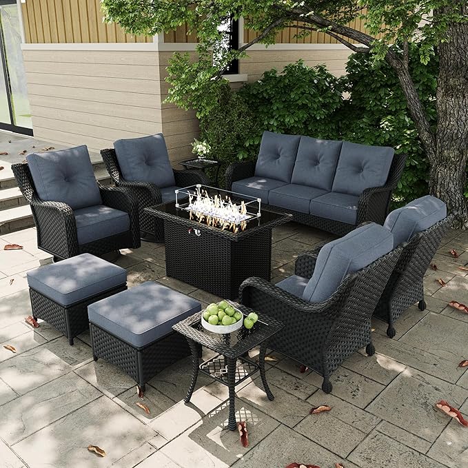 10 Pieces Outdoor Patio Furniture Sets with Rocking Swivel Chairs with 6-inch Thick Cushion and Fire Pit Table for Deck Lawn