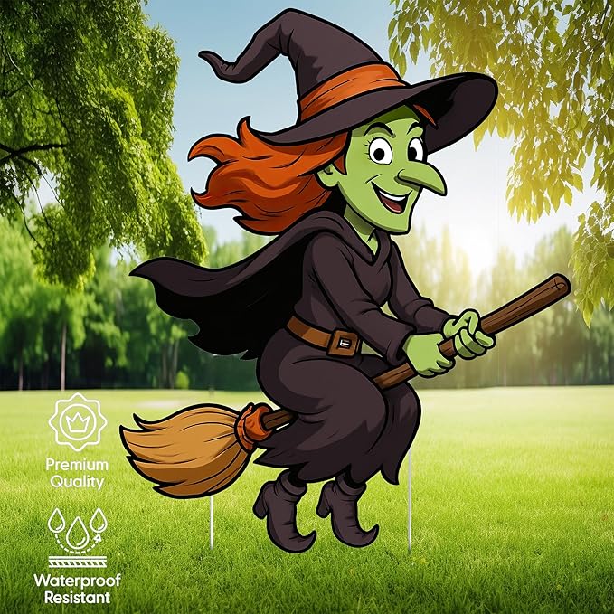 Large Funny Flying Witch on Broom Halloween Yard Sign Home Outdoor Lawn Decoration With Stakes Scary Spooky Decor