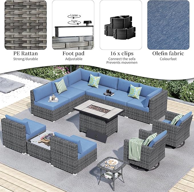 HOOOWOOO 13 Piece Patio Sectional Furniture Set with Fire Pit Table,Modern Wicker Outdoor Conversation Sofa Sets,All Weather Modular L Shaped Outside Couch Swivel Chair Set(Denime Blue)