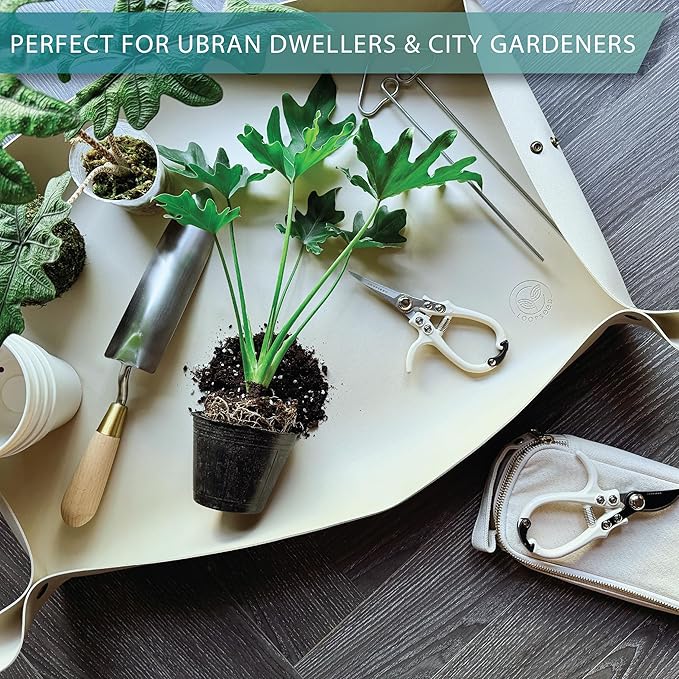 Vegan Leather Plant Repotting Mat Transplanting Mat for Indoor Gardening Waterproof Tray Mess Control Easy Clean Easy Storage 30” x 20” (Fawn Beige)