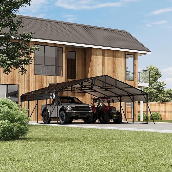 20' x 20' Heavy Duty Metal Carport with Galvanized Steel Roof, Tall MetalCarport Kits Garage for Tractors, Trucks, Boats, Cars, Heavy Duty Metal Roof Carport with Enhanced Base
