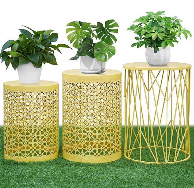 HFHOME Set of 3 Metal Side End Tables Nightstand, Nesting Round Coffee Table for Indoor Outdoor, Heavy Duty Metal Plant Stand Living Room Garden Stool - Yellow