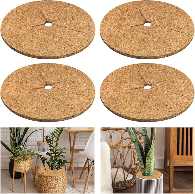 Legigo 4pcs Coconut Fiber Mulch Ring Tree Plant Protector Mat, 14 Inch Natural Coco Coir Tree Protection Ring Plant Pot Soil Cover, Tree Rings Disc Plant Cover for Indoor Outdoor Plants,Landscaping