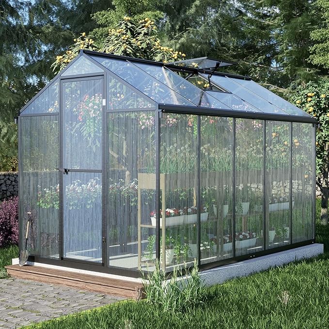 BPS 6' x 10' Walk-in Polycarbonate Greenhouse with Heavy-Duty Aluminum Frame, 2 Vent Windows & Lockable Door for Outdoor, Patio, Backyard, and Garden Use