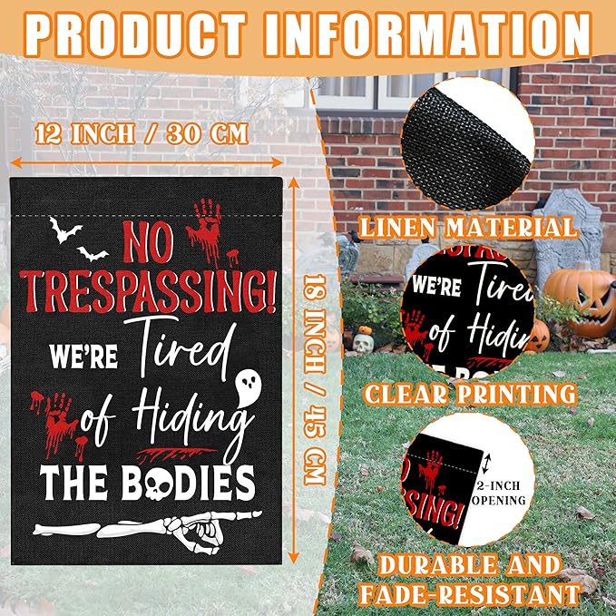 No Trespassing Halloween Garden Flag for Outside, 12x18 Inch Double Sided Halloween Scary Skeleton Bats Yard Flag, Farmhouse Small Yard Flags for Outdoor Decorations, Holiday Decor Gifts-A12