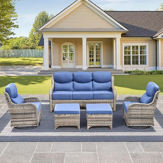 Luxury High Back Outdoor Furniture with 6-Inch Thick Cushions, Patio Furniture Set with Swivel Chairs, 5 PCS Wicker Conversation Set for Porch, Balcony, Deck and Yard