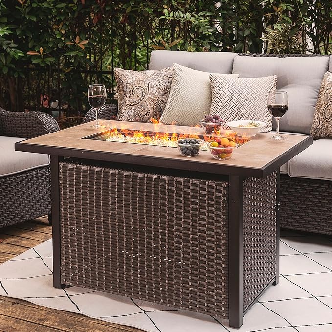 Nuu Garden Outdoor 43 Inch 50,000 BTU Propane Gas Fire Pit Table, Propnae Fire Pit with Ceramic Tabletop, Oxford Cover, Dark Brown and Coffee
