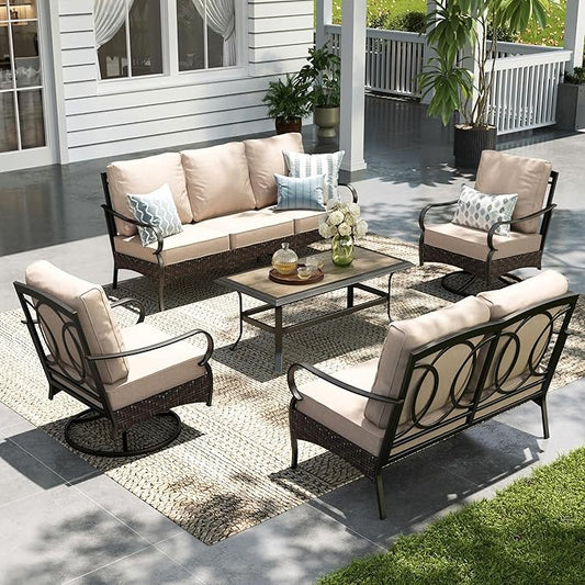 Sophia & William Metal Patio Furniture Set, 7 Seats Outdoor Conversation Set with 3-Seater Sofa, 2 Swivel Chairs, 1 Loveseat, 1 Coffee Table for Seating, Lawn Porch Backyard,Beige