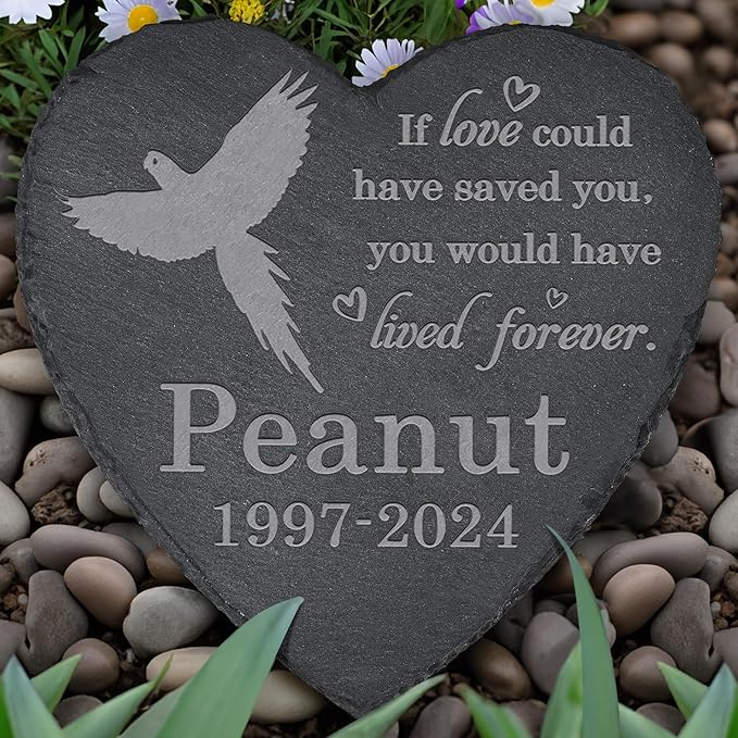 Parrot Memorial Stone Garden Statue - Memorial Gifts - Tombstone - Loss of Pet Gift - Heart