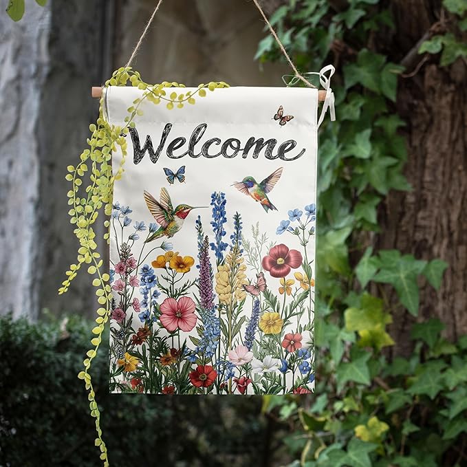 Spring Hummingbird Garden Flags Floral Summer banner for Outside 12x18 Double Sided Wildflower Yard Signs Small Outdoor Seasonal Decorative